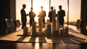 Silhouetted team reviews a city model on a table in a sunlit conference room.