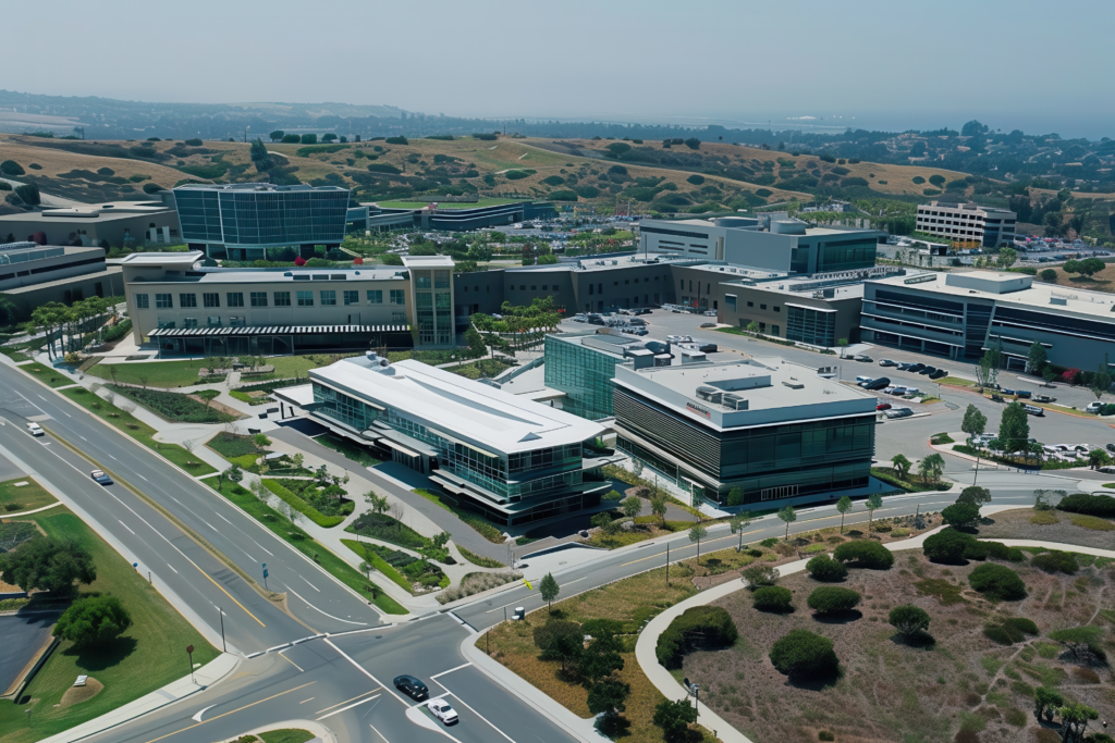 Architechtural draft 3D rendering of office builings seen from above in the summer